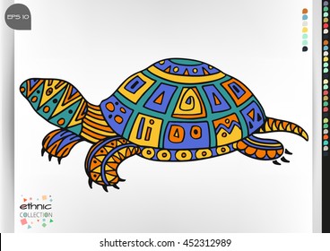 Turtle. Animal patterns with hand-drawn doodle waves and lines. Vector illustration in bright colors.