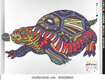 Turtle. Animal patterns with hand-drawn doodle waves and lines. Vector illustration in bright colors.