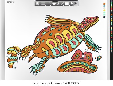 Turtle. Animal patterns with hand-drawn doodle waves and lines. Vector illustration in bright colors.