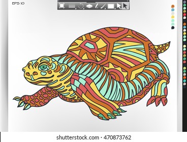 Turtle .Animal patterns with hand-drawn doodle waves and lines. Vector illustration in bright colors.