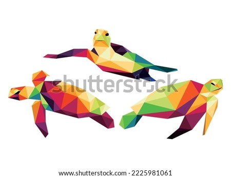 Turtle Animal Set in low poly polygonal Colorful. Swimming Turtle Icon in abstract colorful logo. Vector of Turtle collection