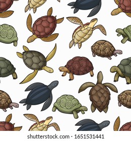 Turtle animals vector seamless pattern of sea turtle, tortoise and terrapin background. Water and land reptiles with green, black and brown carapace shells, feets, flippers and heads backdrop