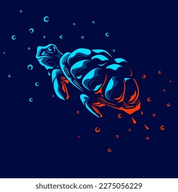 Turtle art logo. Colorful tortoise design with dark background. Vector graphic illustration for t-shirt, poster, clothing, merch, apparel. Isolated with navy background. 