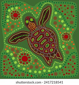 Turtle in australian aboriginal style. Australia indigenous art green background with tortoise and dots. Decorative ethnic turtle. Aboriginal tribal art craft. For poster, brochure.Vector illustration