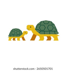 Turtle and baby, flat vector illustration of land reptiles with hexagon shells. Cartoon-style animal family for kids nature materials, wildlife education, and zoo-themed design projects.