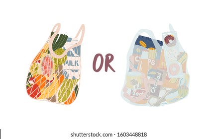Turtle bag and plastic bag flat vector illustration. Important choice concept. Organic products and junk food isolated on white background. Choosing between healthy and unhealthy nutrition.