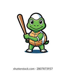 Turtle baseball player holding wooden bat in sport stance.