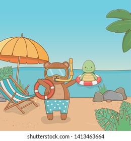 Turtle and bear in the beach design vector illustration