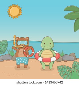 Turtle and bear in the beach design vector illustration