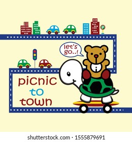 turtle and bear are going to town, cartoon vector illustration