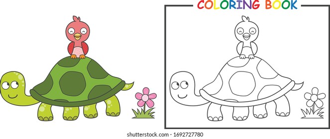turtle and bird coloring book  page suitable for children