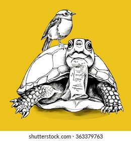 Turtle and bird on yellow background. Vector illustration.