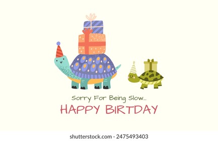 Turtle birthday card. Hand printing, happy birthday