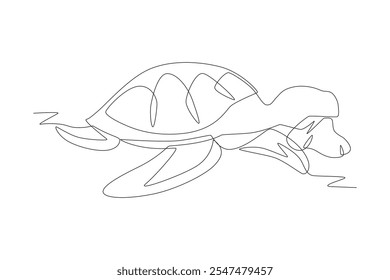 Turtle bites plastic waste. Plastic pollution concept one-line drawing