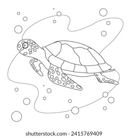 Turtle black line vector doodle illustration. Cute cartoon sea turtle underwater isolated on a white background. Marine animals. Coloring page.