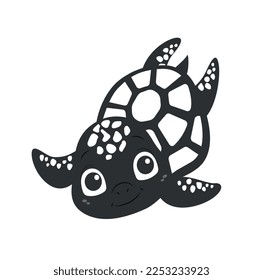 Turtle black silhouette. Animal with shell swims. Adorable character for kids, toy and mascot. Fauna and wild life. Graphic element for website. Cartoon flat vector illustration