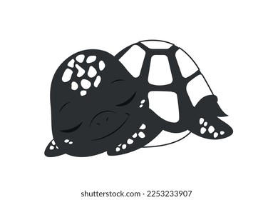 Turtle black silhouette. Charming baby sleeping. Toy or mascot for children. Minimalist art and creativity. Sticker for social networks and messengers. Cartoon flat vector illustration