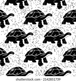 Turtle. Black silhouette on a white background. Vector drawing. Seamless.