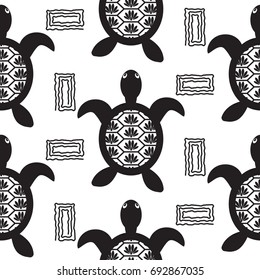 Turtle black stencil seamless vector pattern. Monochrome tileable ocean animal hawaii background for textile fabric, wallpaper and apparel print.