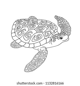 Turtle is black and white. Coloring antistress. Template. Vector. Ink. Doodling