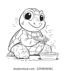 Páginas de colores de tortuga, negro y blanco para los niños, líneas simples, estilo de dibujos animados, feliz, lindo, divertido, animal en el mundo
