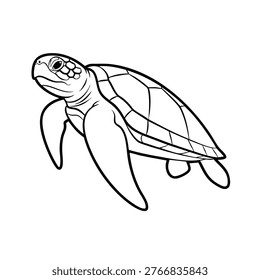 Turtle black and white line art depicting a swimming sea creature isolated on a white background for educational coloring projects
