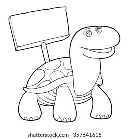 turtle with blank sign board cartoon black and white ,line art vector