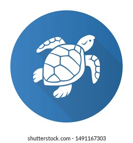 Turtle blue flat design long shadow glyph icon. Slow moving reptile with scaly shell. Underwater aquatic animal. Swimming ocean creature. Oceanography and zoology. Vector silhouette illustration