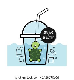 Turtle in the bottle. Say NO to plastic.Pollution problem concept . 