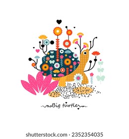 Turtle bright print for fabric. Vector illustration. Isolate on a white background.