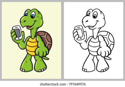 Turtle bring hand phone cartoon character good use for mascot, sticker, coloring book, children book, sign, icon, or any design you want.