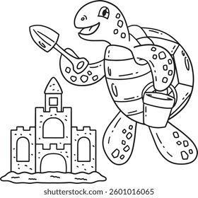 Turtle Building Sandcastle Isolated Coloring Page 