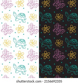 Turtle, butterfly floral seamless pattern. Hand drawn doodle childlike graphic contour line, daisy flowers. Cute baby nursery cartoon design illustration. Transparent background. Vector illustration