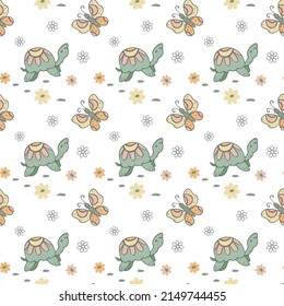 Turtle, butterfly seamless pattern. Hand drawn doodle brush paint strokes graphic, daisy flowers. Cute baby nursery cartoon design. Pastel colours. Transparent background. Vector illustration