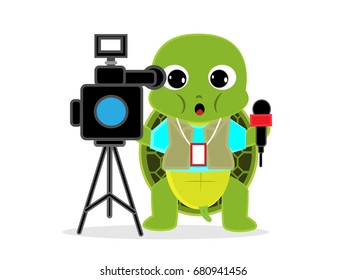  Turtle cameraman cartoon holding video camera and microphone
. Funny vector illustration.