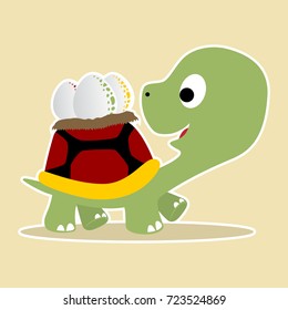 a turtle carry eggs on his back, vector cartoon illustration