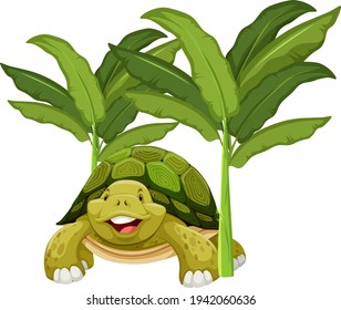 Turtle cartoon character with banana tree isolated illustration