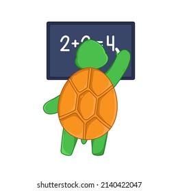 Turtle cartoon character counting on blackboard sticker. Back view of comic tortoise adding numbers in school flat vector illustration isolated on white background. Emotions, animals concept