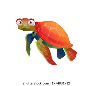 Turtle cartoon character emoticon with big eyes isolated reptile childish toy mascot. Vector brown-reddish sea marine underwater animal. Aquarium or tank pet, kids freshwater or ocean creature