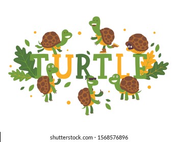 Turtle cartoon character on typography background, vector illustration. Cute tortoise in various action poses, on roller skates, smiling and running. Happy little turtle, animal reptile mascot