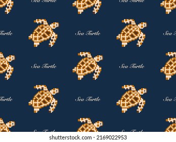 Turtle cartoon character seamless pattern on blue background. Pixel style