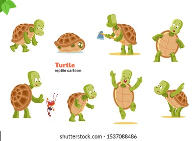 Turtle cartoon character. Turtle showing various emotions and actions. Cute cartoon characters of wildlife. Flat vector isolated design for mobile app, sticker, kids print, greeting card