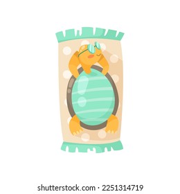 Turtle cartoon character sunbathing vector illustration. Summer resort, funny comic wild animal in sunglasses relaxing on beach towel on white background. Wildlife, vacation concept