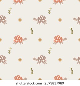 Turtle cartoon so cute. On flower seaweed background. Pattern seamless vector illustration. 