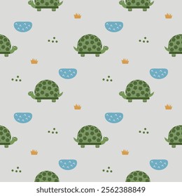 Turtle cartoon so cute. On grass swamp gray background. Pattern seamless vector illustration. 