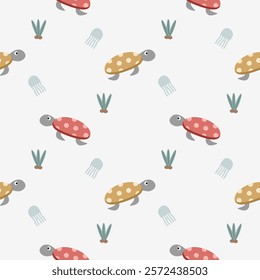 Turtle cartoon so cute. On seaweed jellyfish white background. Pattern seamless vector illustration. 