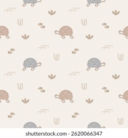 Turtle cartoon so cute. On seaweed fish background. Pattern seamless vector illustration. 