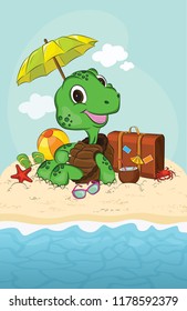 Turtle cartoon sitting on beach holidays time enjoying the time on beach vector illustration 