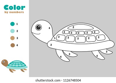 Turtle in cartoon style, color by number, education paper game for the development of children, coloring page, kids preschool activity, printable worksheet, vector illustration