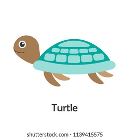 Turtle in cartoon style, marine card with ocean animal for kid, preschool activity for children, vector illustration